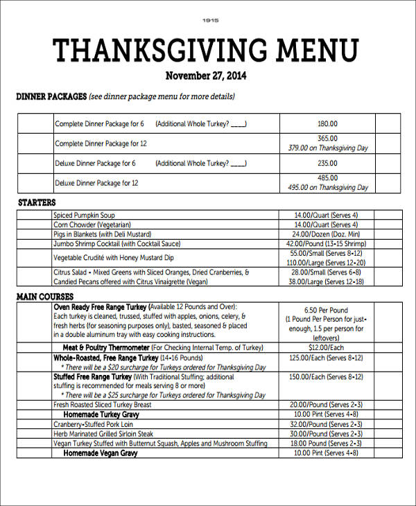 thanksgiving menu list