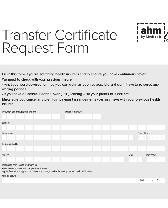transfer certificate request form