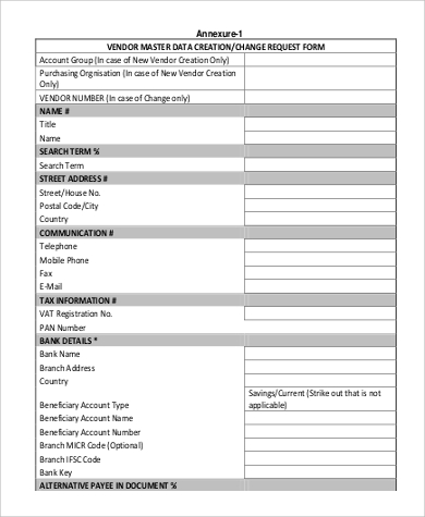 vendor master creation request form