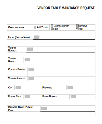 vendor table maintenance request form