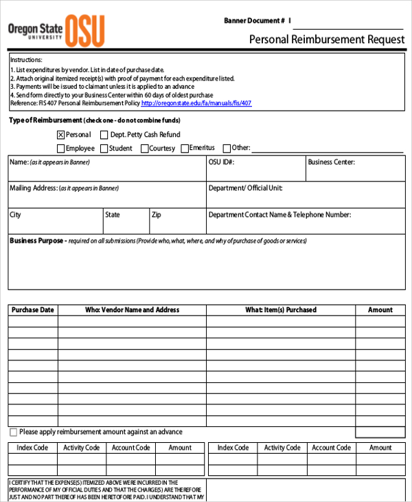personal reimbursement request form