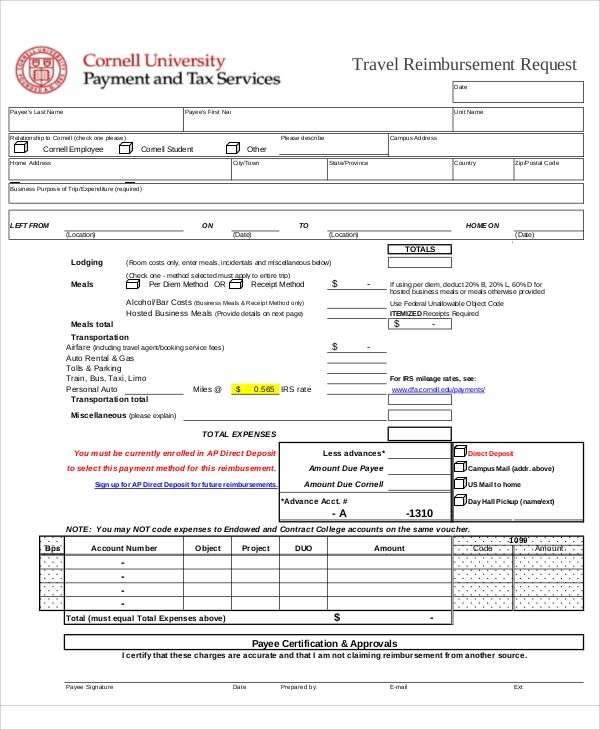 travel reimbursement request form