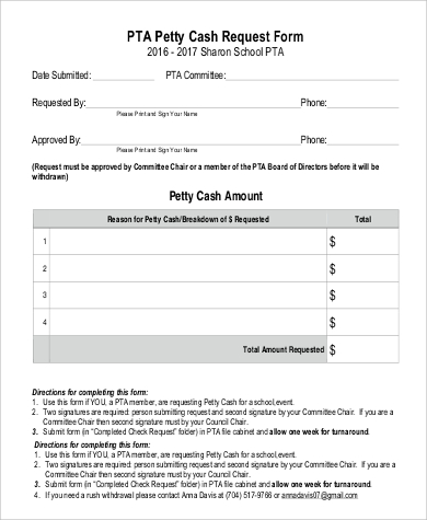 pta petty cash request form example