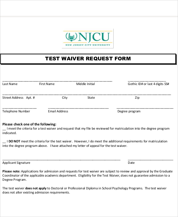 test waiver request form 