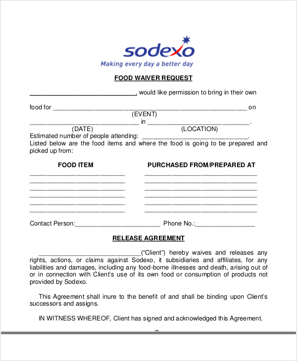 food-waiver-form-template