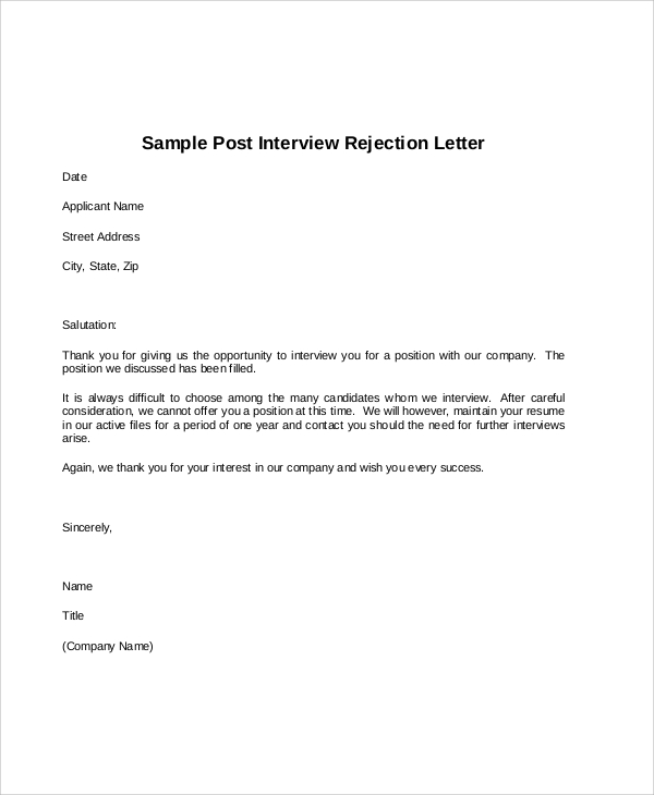 interview rejection thank you letter