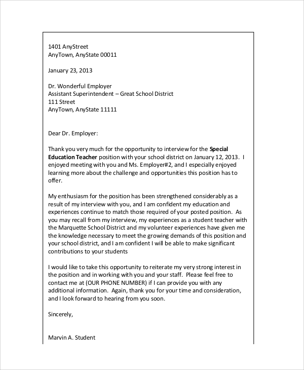 teacher job interview thank you letter