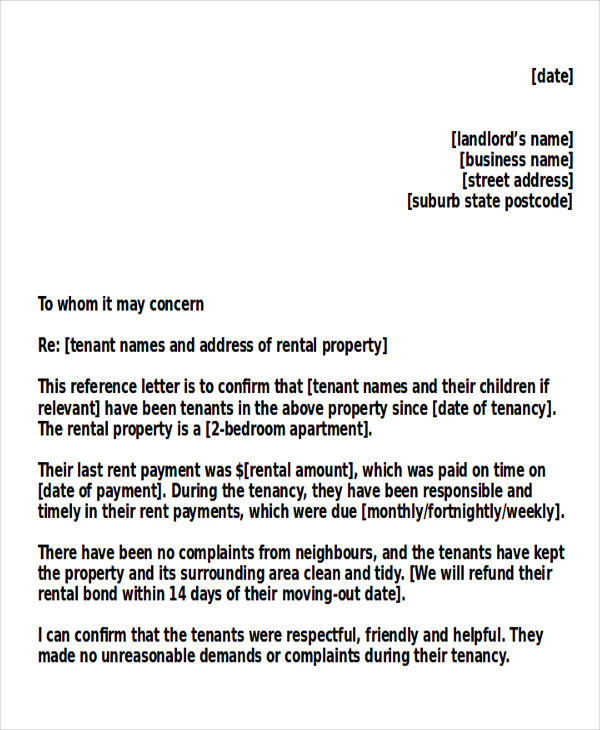 Tenant Reference Letter Example