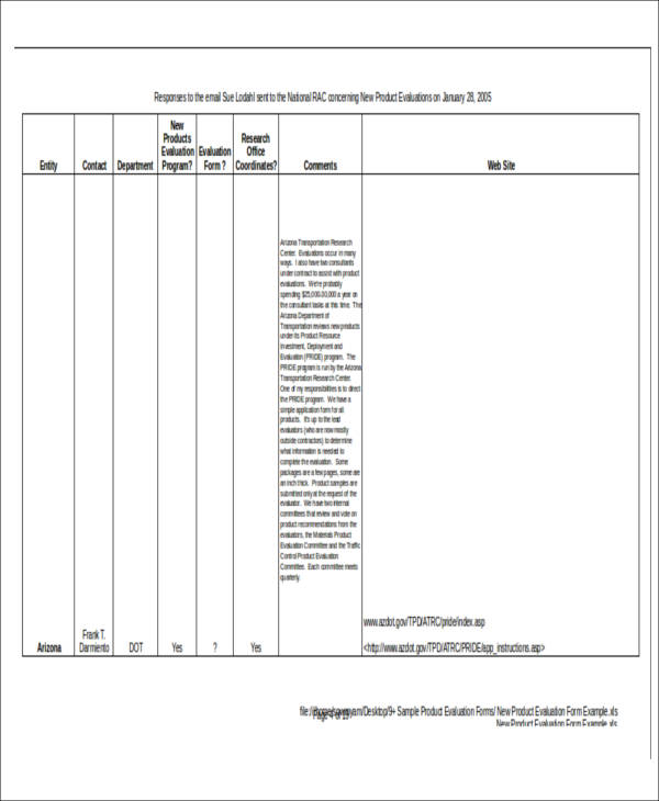 new product evaluation form example