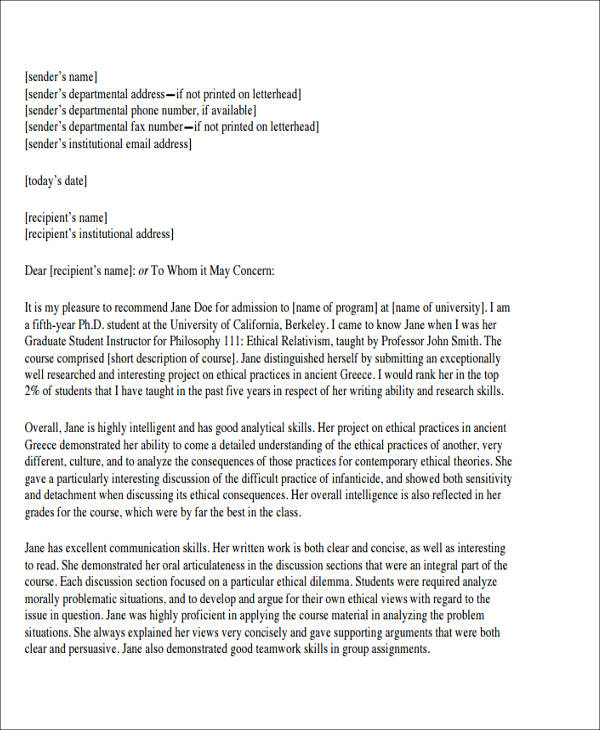 sample college reference letter for student