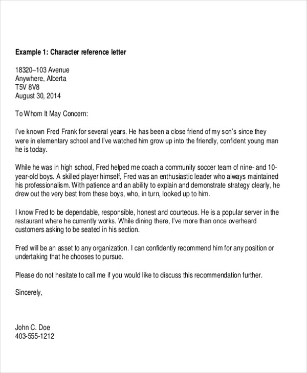 Example Of A Character Reference Letter For A Student