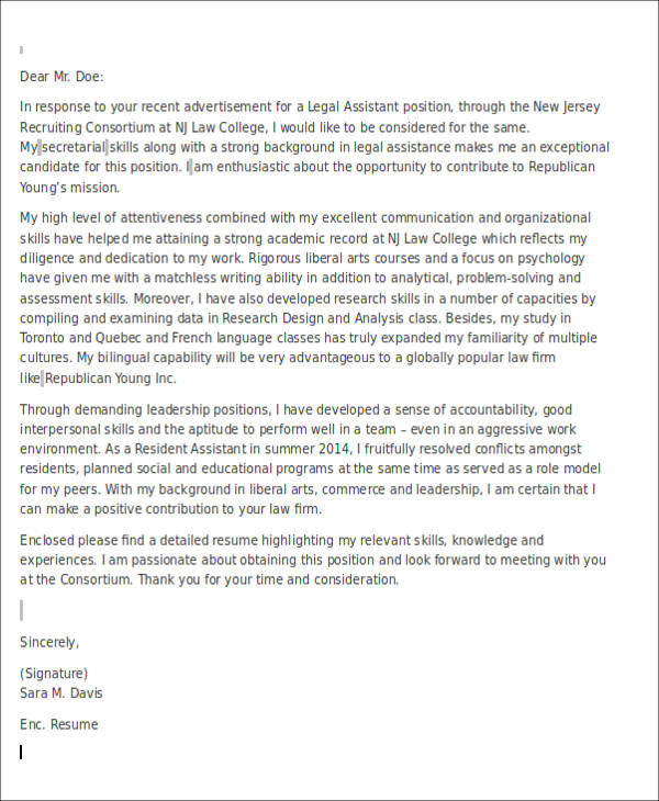 legal secretary cover letter sample entry level