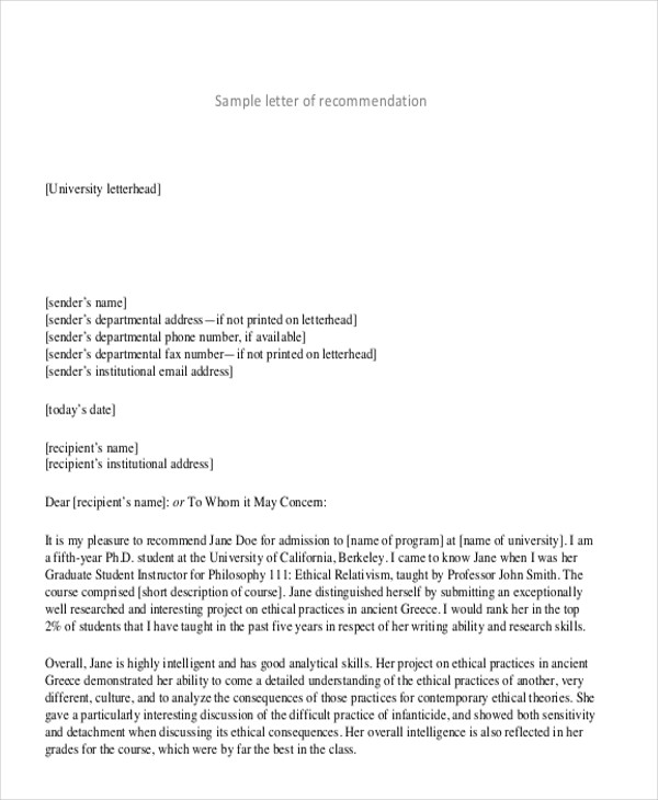 generic recommendation letter for student