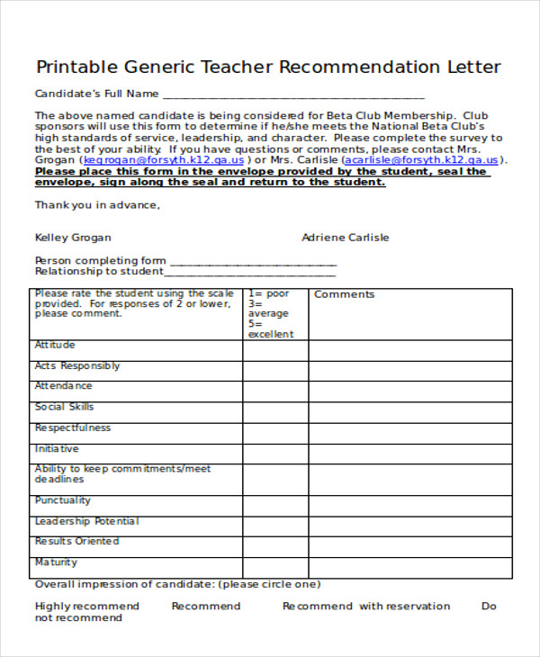 printable generic teacher recommendation letter