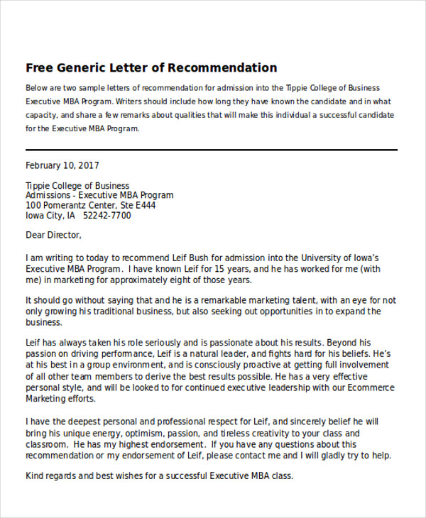 free generic letter of recommendation1