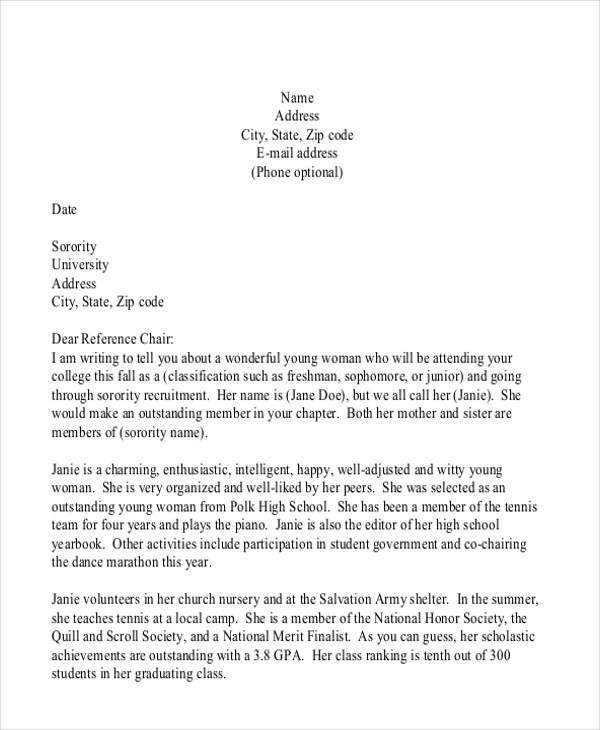 Free 7 Sample Sorority Recommendation Letter Templates In Pdf Ms Word 3028