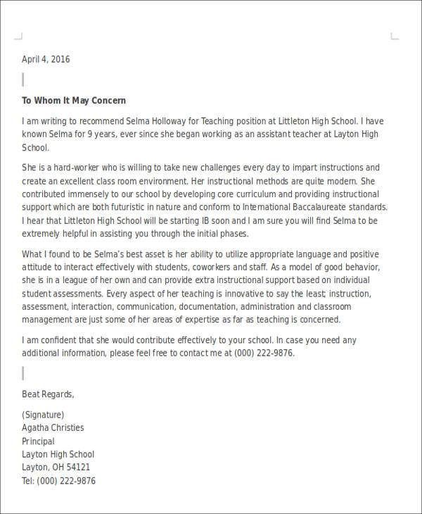 Sample Recommendation Letter For Teacher from images.sampletemplates.com