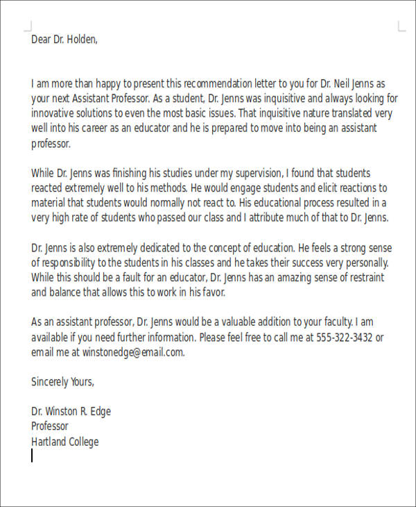 Sample Recommendation Letter For Student From Teacher