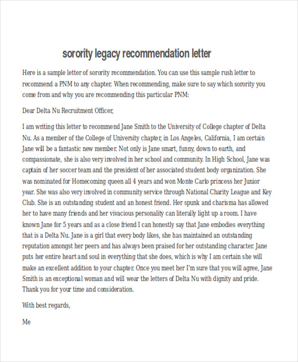 Free 7 Sample Sorority Recommendation Letter Templates In Pdf Ms Word 5318