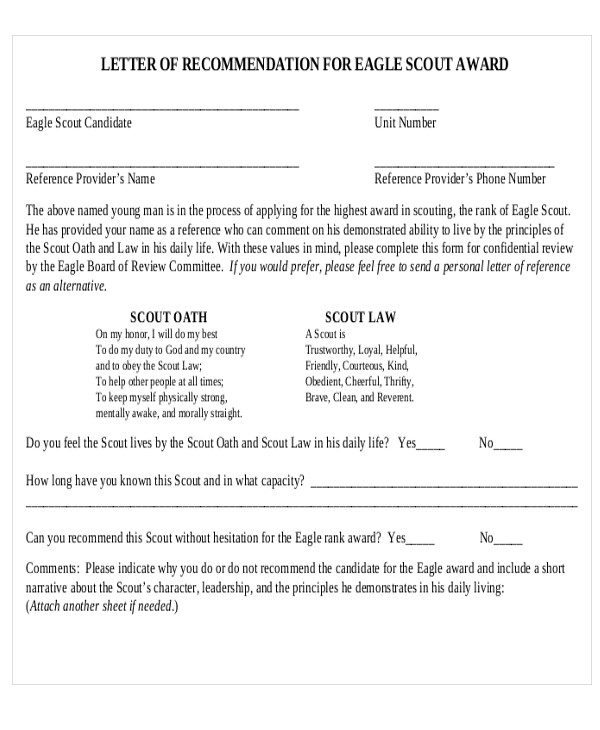 Letter Of Recommendation For Eagle Scout Template