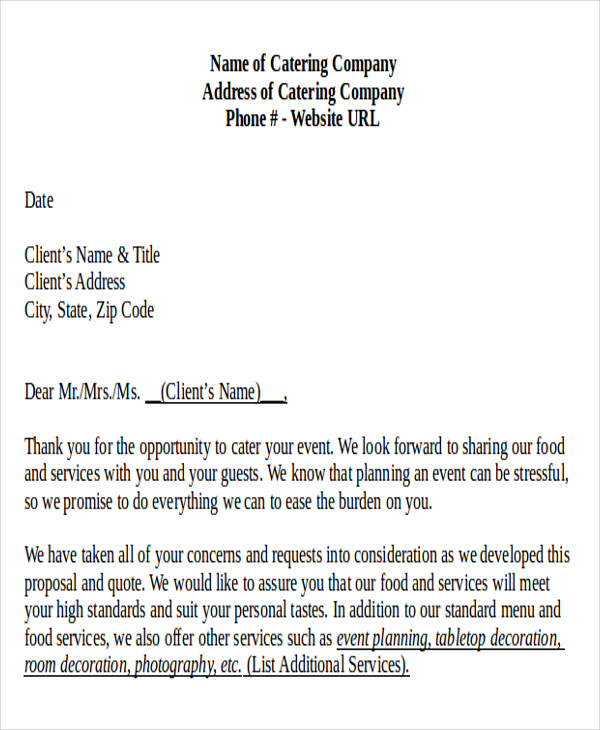 application letter to provide catering services