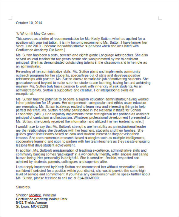 Teacher Letter Of Recommendation Examples from images.sampletemplates.com