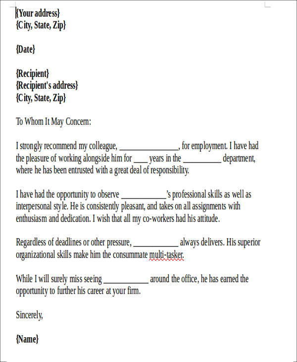 letter of recommendation coworker format