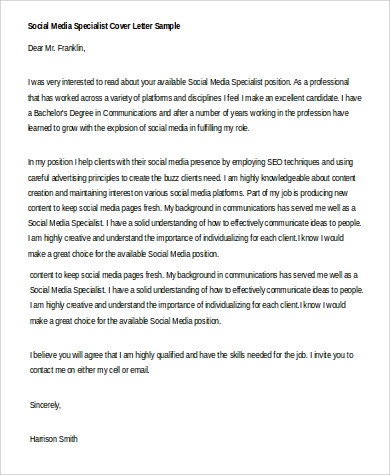 social media specialist cover letter entry level