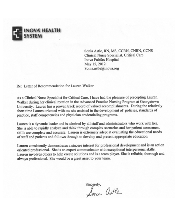 nursing recommendation letter