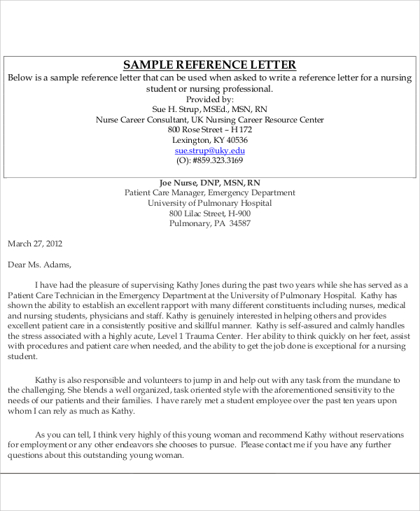 Grad School Sample Letter Of Recommendation For Nursing Graduate School