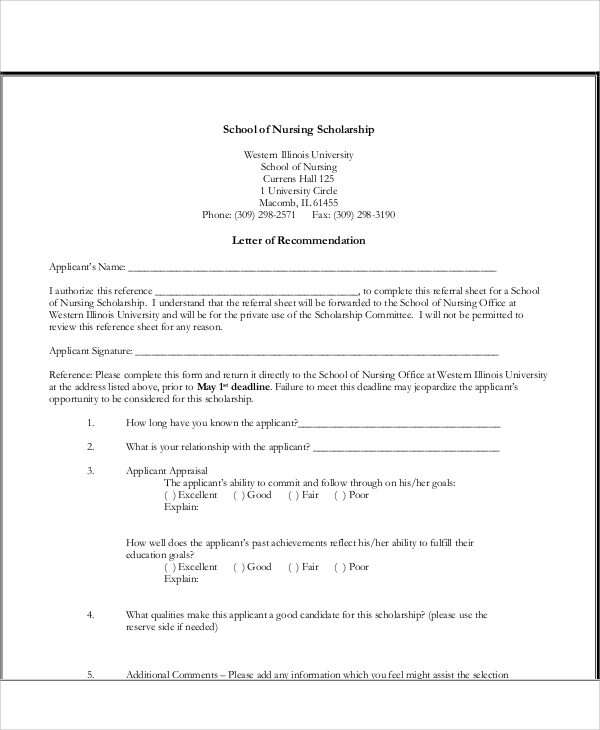 nursing recommendation letter for scholarship