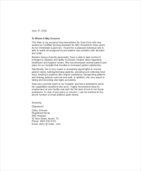 nursing assistant recommendation letter