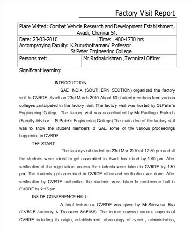 factory visit report template