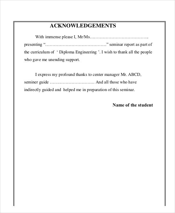 acknowledgement for seminar report format