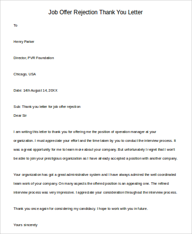 job offer rejection thank you letter