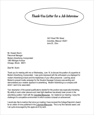 Free Sample Thank You Letter For Interview