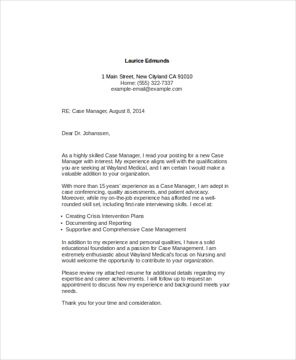 cover letter for a case management job