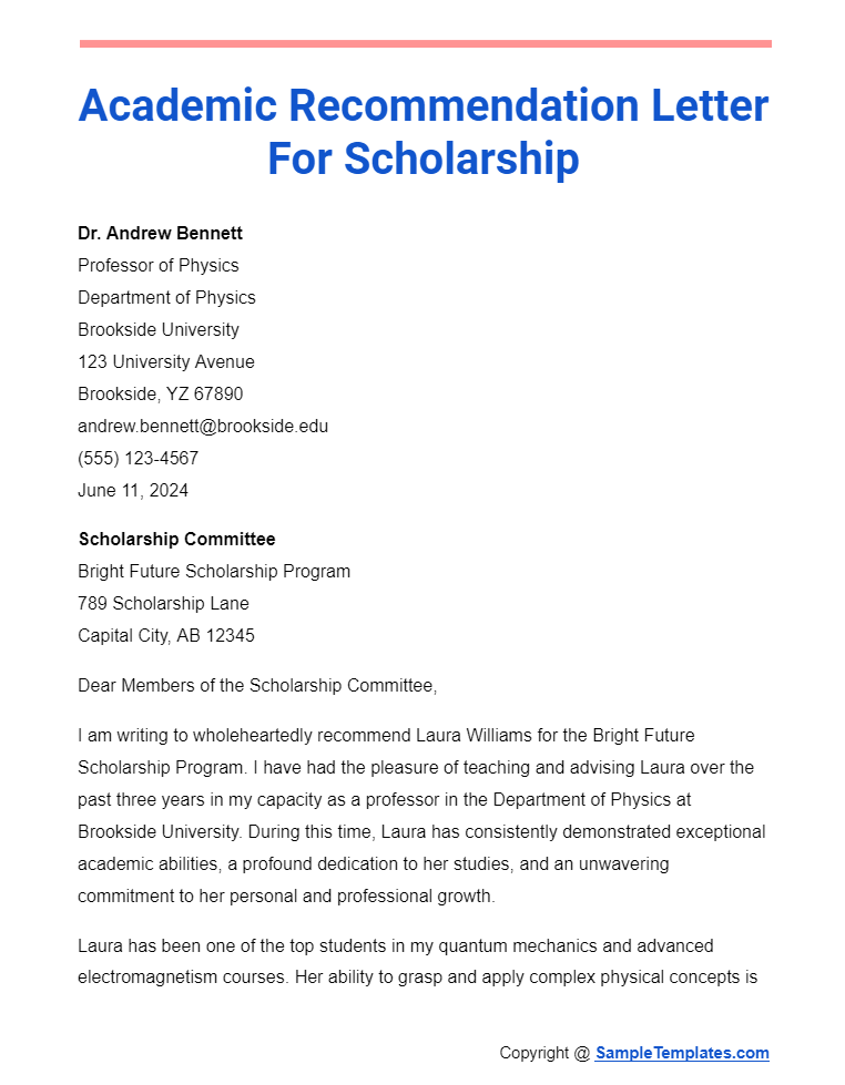 academic recommendation letter for scholarship