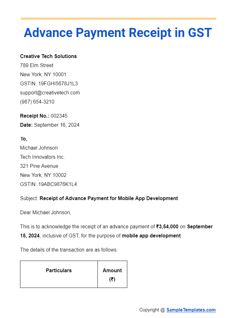 advance payment receipt in gst