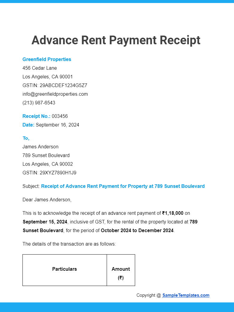 advance rent payment receipt