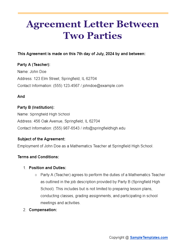 agreement letter between two parties