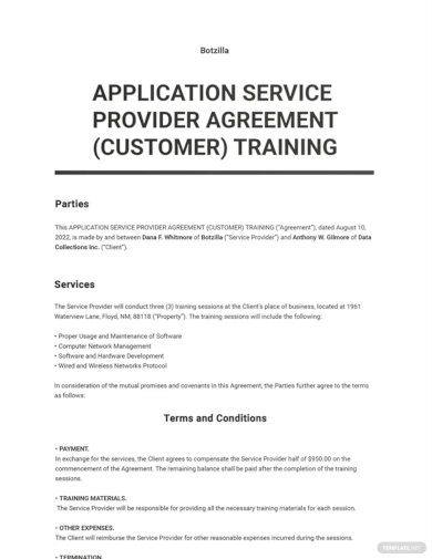 application service provider agreement customer training template