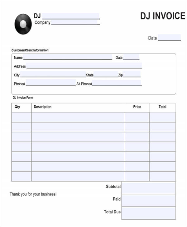 dj invoice template excel