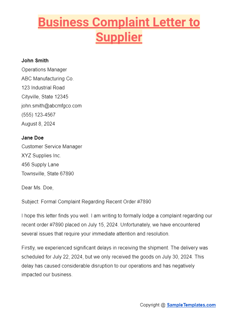 business complaint letter to supplier