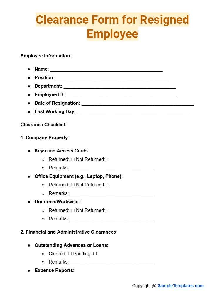 clearance form for resigned employee