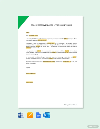 college recommendation letter for internship template