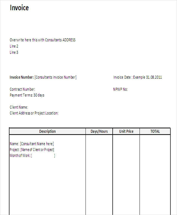 sample invoice professional services fees