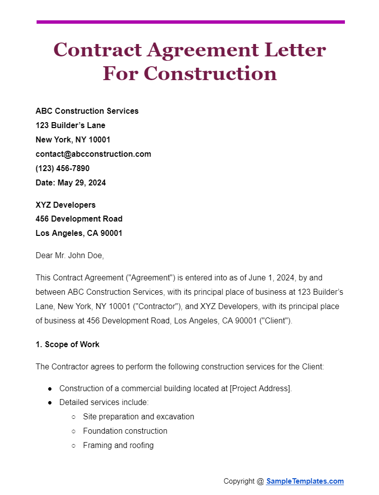 contract agreement letter for construction