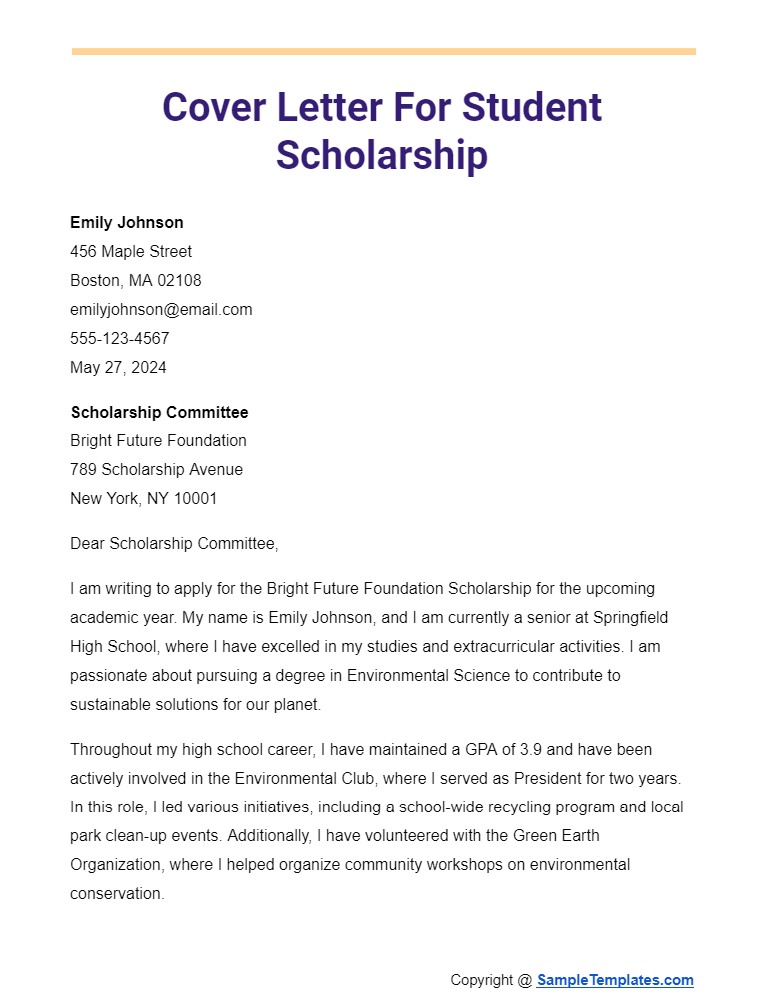 cover letter for student scholarship