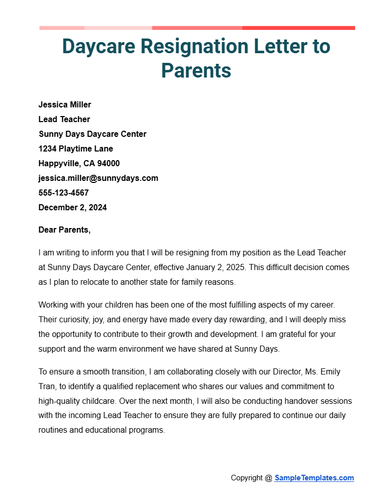 daycare resignation letter to parents